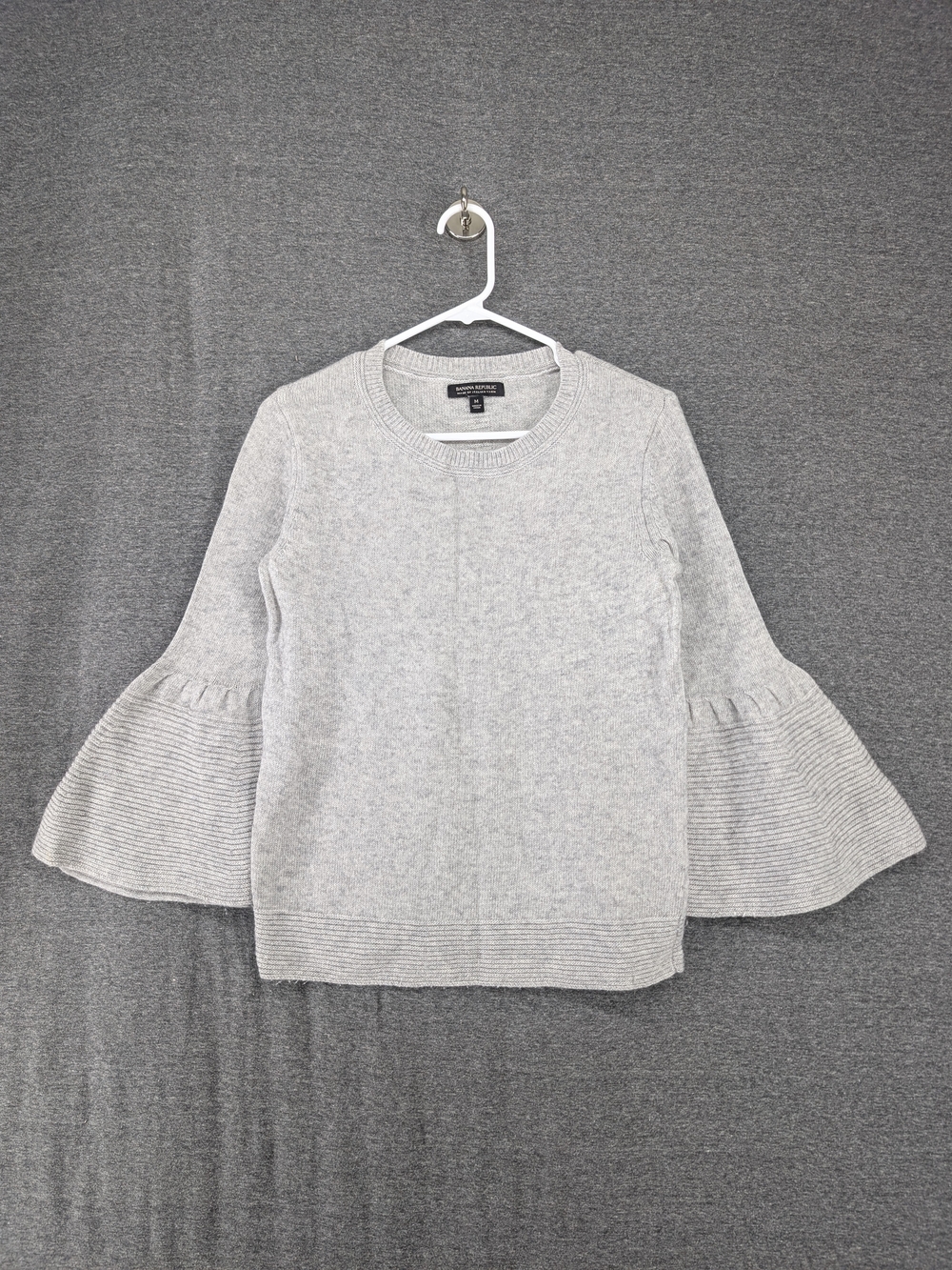 Banana Republic Light Gray Ruffled Bell Sleeve Crewneck Sweater